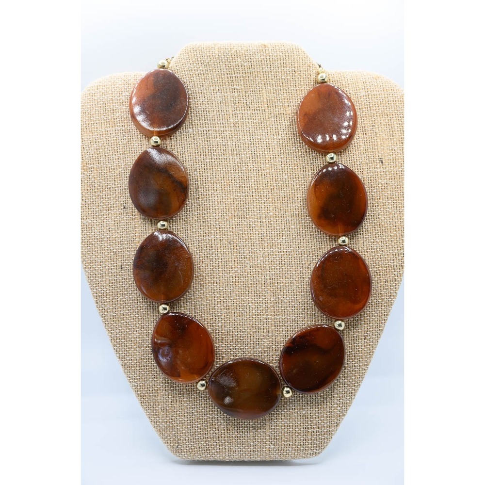 Necklace Brown Tortoise Shell Large Oval Resin Bead Statement Gold